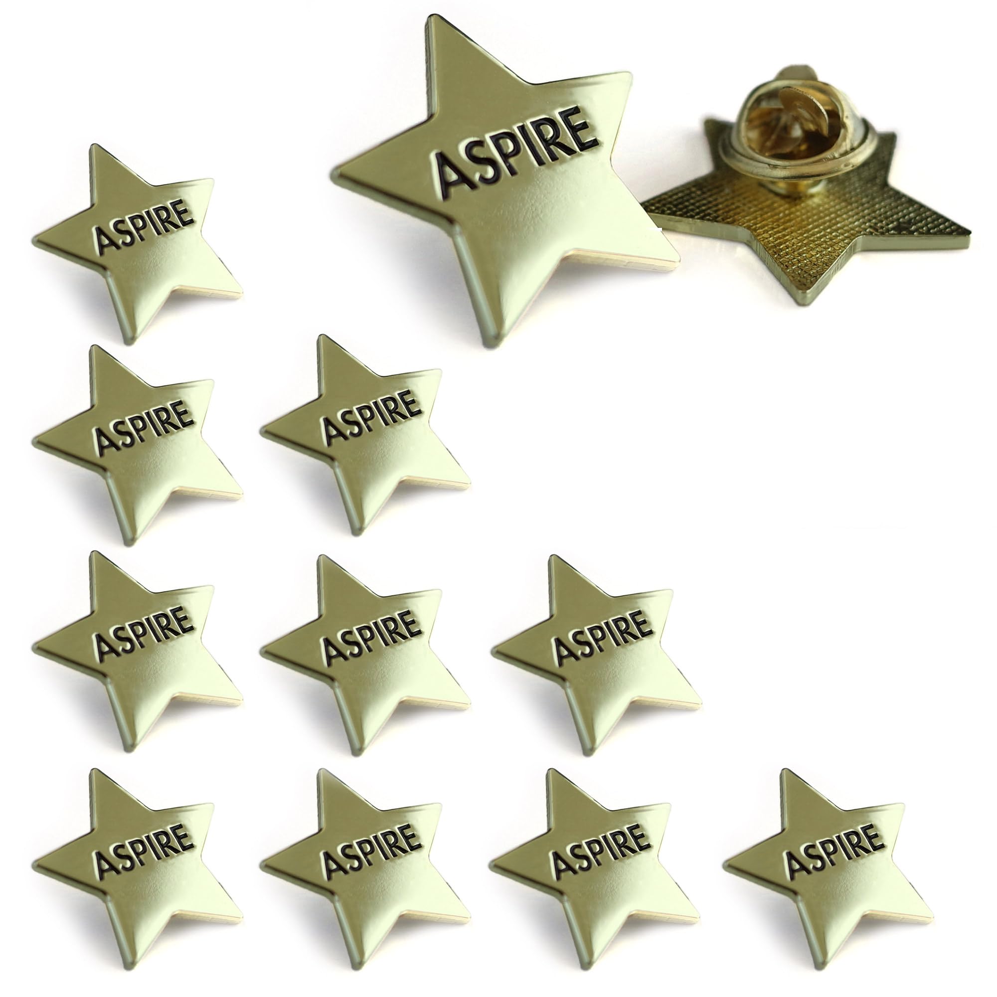 Aspire Gold Star Pin Badges (24mm dia) Pack of 10 | for Recognizing Student and Employee Achievement | Perfect for School and Workplace Incentives and Rewards. Display recognition of achievement.