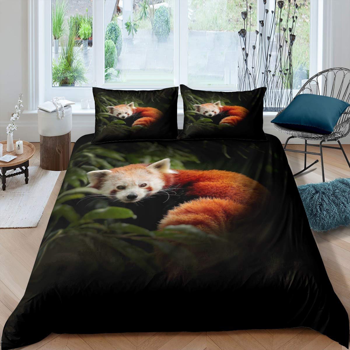 Raccoon Duvet Cover Red Panda Comforter Cover Tree Green Leaves Bedding Set For Kids Adults 3D Wild Animal Bedspread Cover Ultra Soft Room Decor King Bedclothes Zipper