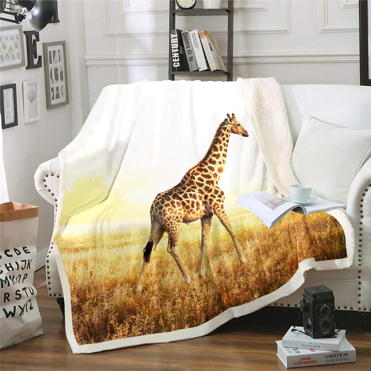 Loussiesd Giraffe Blankets and Throws Safari Animal Print Fleece Blankets for Kids Boys Adults Wildlife Style Blanket Sunset Nature Theme Throw Blanketfor Couch Bed Sofa Sherpa Blanket Double 60"x79"