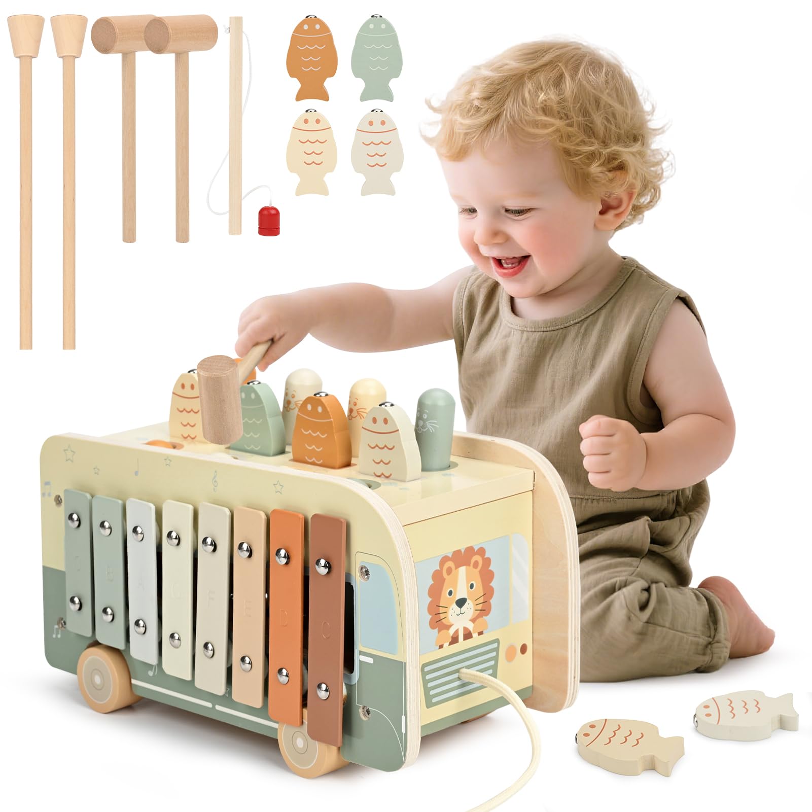 Vanplay Montessori Toys for 1 Year Old Boy Girls, Wooden Hammering Pounding Toy 7 in 1 with Xylophone & Magnetic Fishing Game for Kids, Gifts for 1 2 3 Year Old Boy Girl