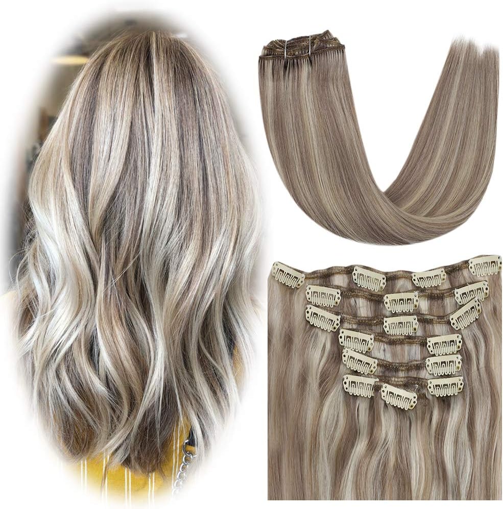 JoYoung Blonde Hair Extensions Clip in Human Hair Highlights Dirty Blonde with Platinum Blonde Full Head Clip Hair Extensions Human Hair 120gram 7pcs 24inch