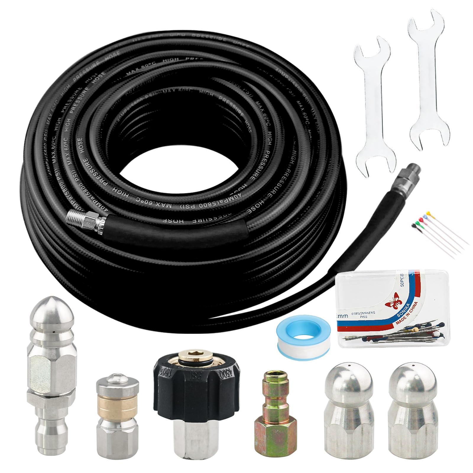 Photo 1 of 100 FT Sewer Jetter Kit for Pressure Washer, 5800PSI Water Jet Drain Cleaner Hose, 1/4 Inch NPT Corner with 4 Sewer Jetting Nozzles, Pearl Corsage Pin, Waterproof Tape, Handle Strap &2 Spanner (Blue)