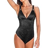 CUPSHE Women's One Piece Swimsuit Tummy Control V Neck Bathing Suit Ruched Slimming Swimwear Shining Cutout Back Hook