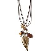 Fiysouy 1 Pcs Vintage Long Boho Necklaces for Women,Bohemian Long Faux Leather Cord Necklace with Bronze Tone Leaf Charm,Birthday Party Personalized Accessories Jewelry(Brown)