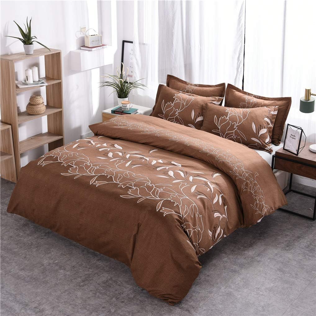 HNHDDZ Duvet Cover Sets Solid Color Flowers Branches Leaves Gray Red Purple Brown Beige Khaki Bedding set With Zipper Quilt Cover (Brown, King size 220x240 cm)