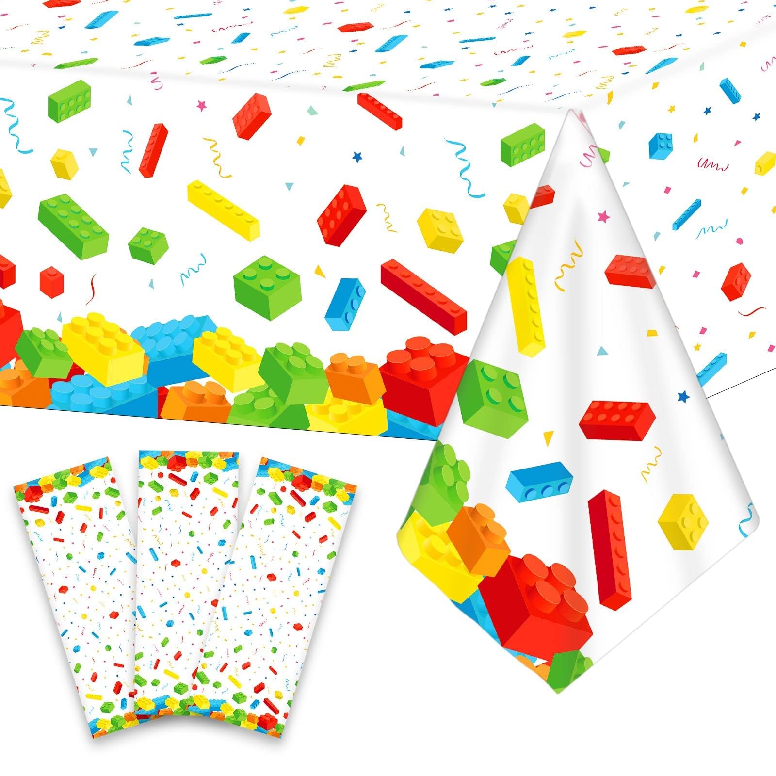 Photo 1 of 3 Pcs Building Blocks Tablecloth 105 x 54 inches - Building Blocks Theme Party Decorations Disposable Plastic Table Cover for Children Kids Birthday Party Decor Supplies Favors (White)