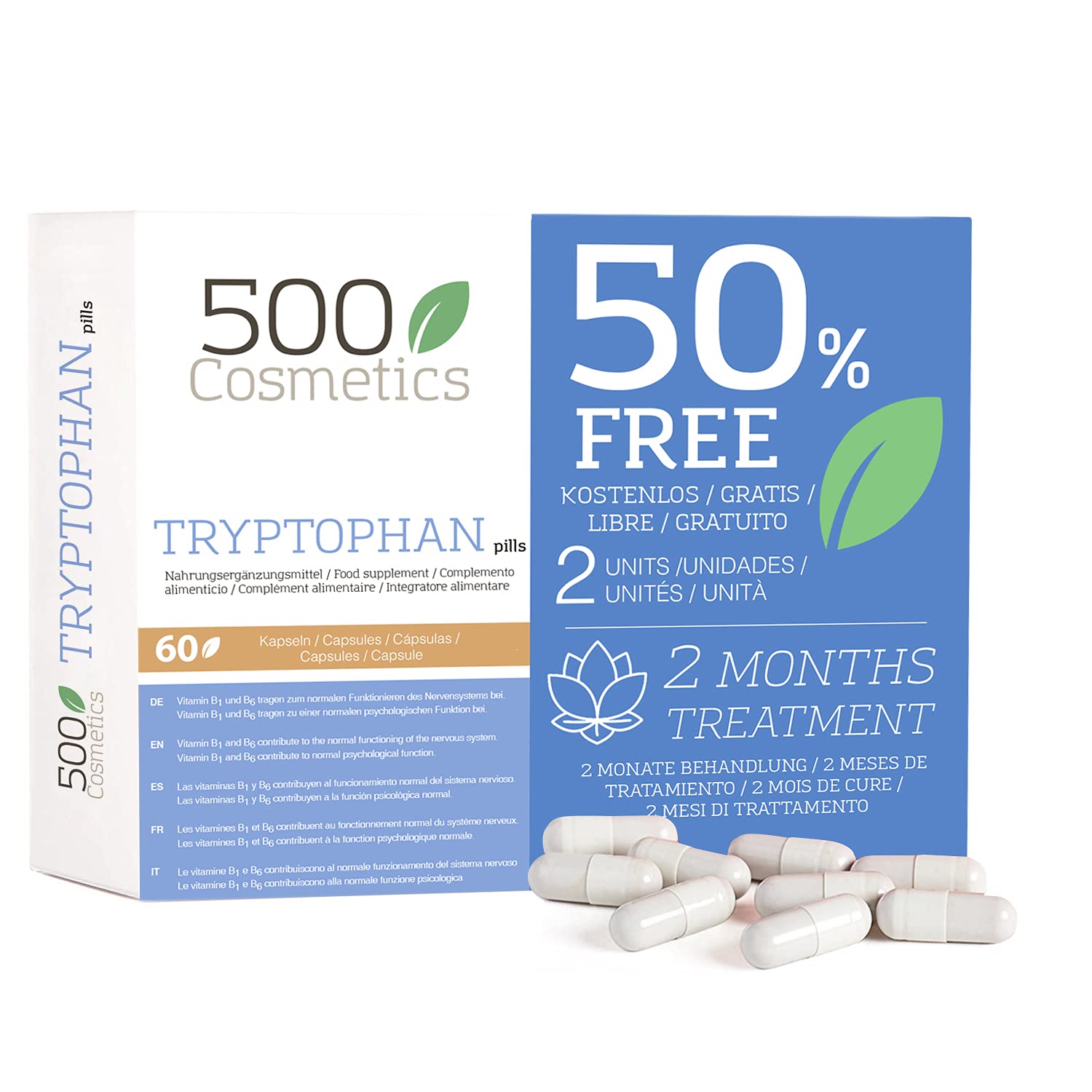 500Cosmetics Tryptophan - Natural Capsules Against Stress and Anxiety – Help Sleeps Better and Help Against Insomnia - 100% Natural - 1 Daily - Made in The EU (2)