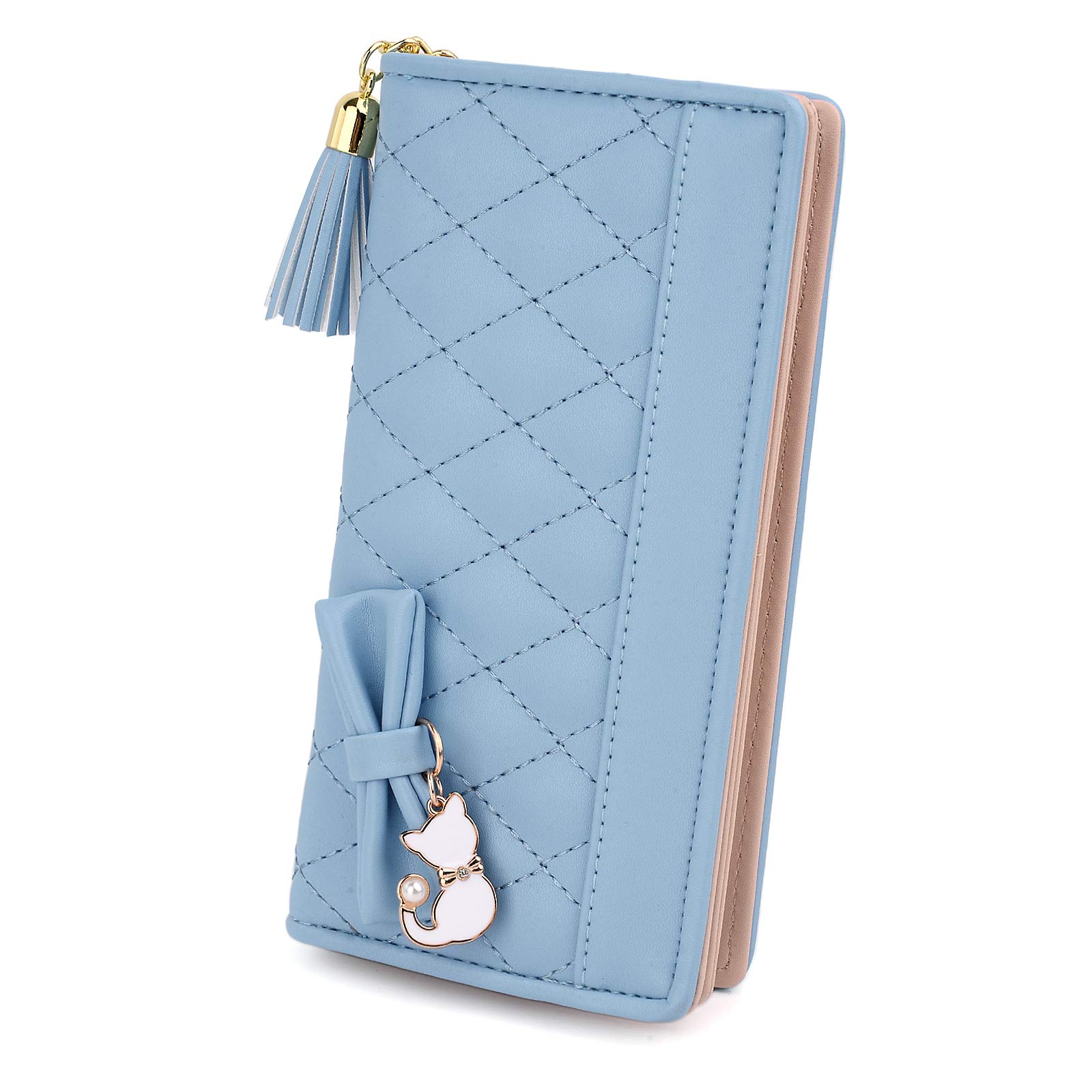 UTO Ladies Purse Card Wallet for Women Cat Pendant Bow Tassel PU Leather Blue