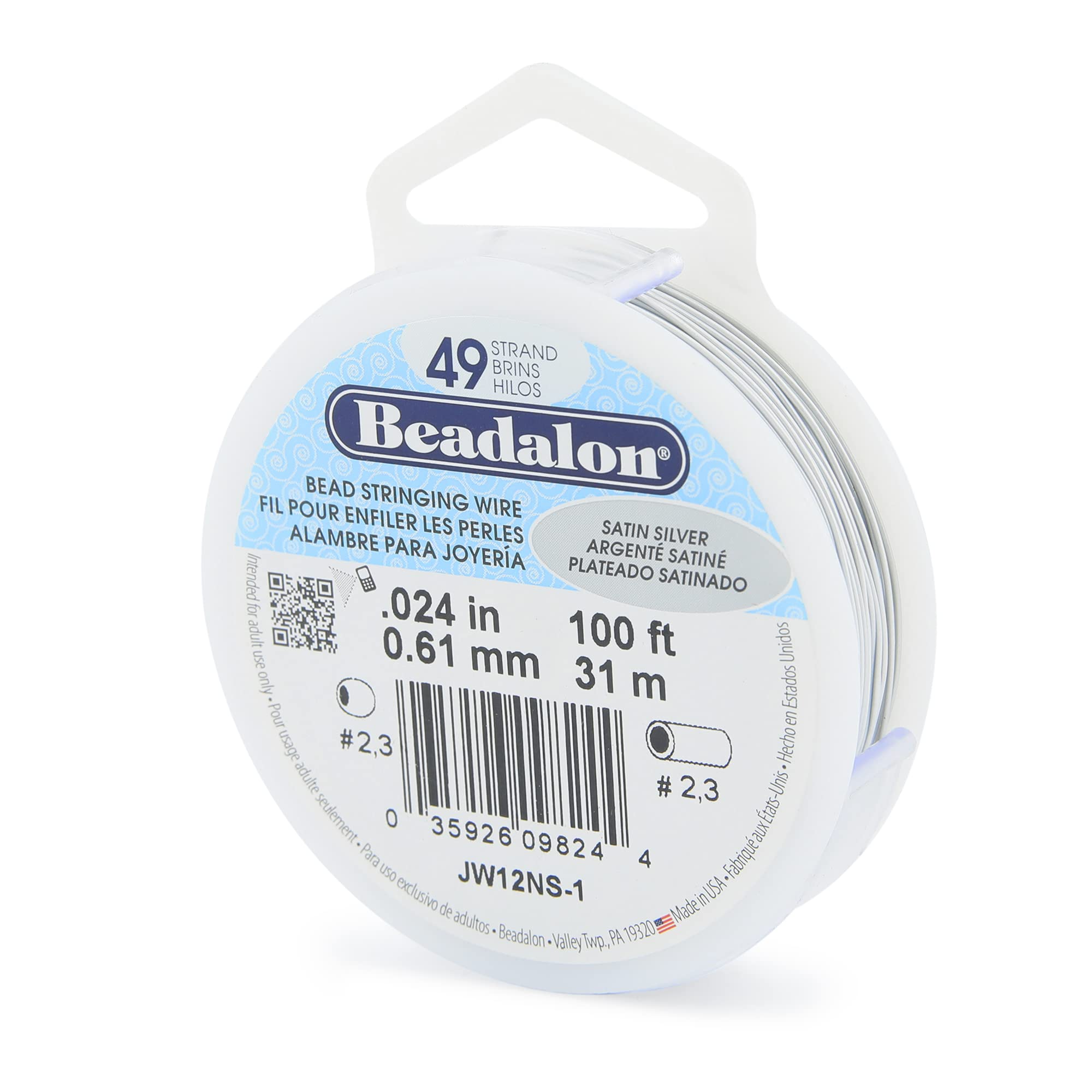 Beadalon 0.61 mm Diameter 31 m Reel 49 Strand Wire, Satin Silver