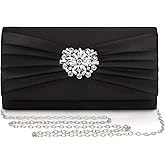 Mulian LilY Evening Bags For Women Pleated Satin Rhinestone Brooch Prom Clutch Purse With Detachable Chain Strap