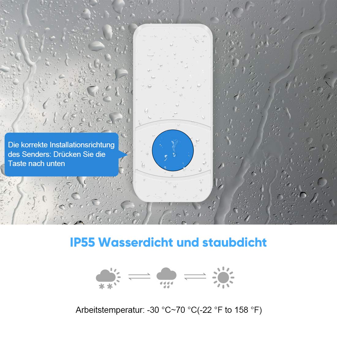 Funkklingel Wasserdicht,Kabellose Türklingel batterie 300m Reichweite und 55 Klingeltönen,5 Lautstärkestufen (0db-110db),mit LED Anzeige