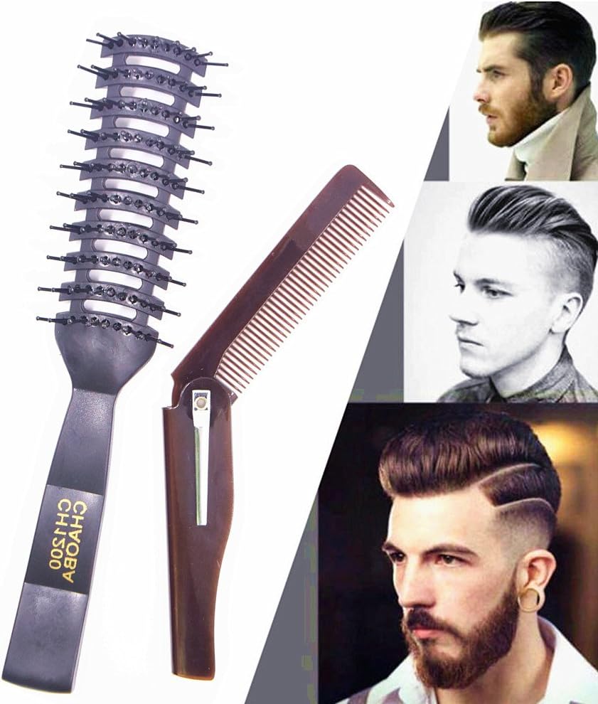 YUMSUM Vent Hair Brush Anti Static Round Bristles with Large Tunnel + Folding Beard Comb Pocket Size,Men and Women Hairbrush Blow Drying Styling Tool,2 Pack