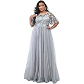 Ever-Pretty Women's Round Neck Short Sleeves Plus Size A-Line Tulle Sequin Formal Evening Dresses 0904-DA2