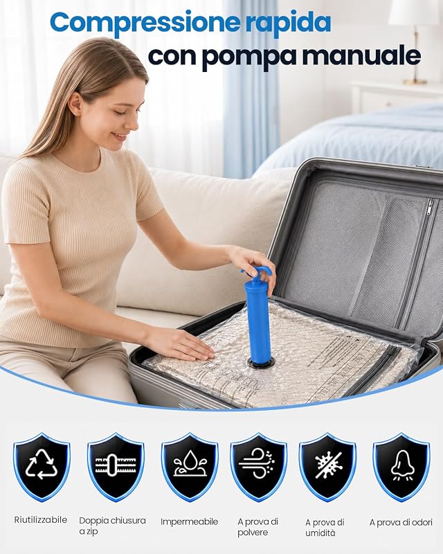 Sacchetti Sottovuoto Vestiti con Pompa Manuale, 4 Buste Sottovuoto Vestito (4 * 50x40cm), Sacchi Sottovuoto Vestito per Viaggi, Traslochi e Stoccaggio