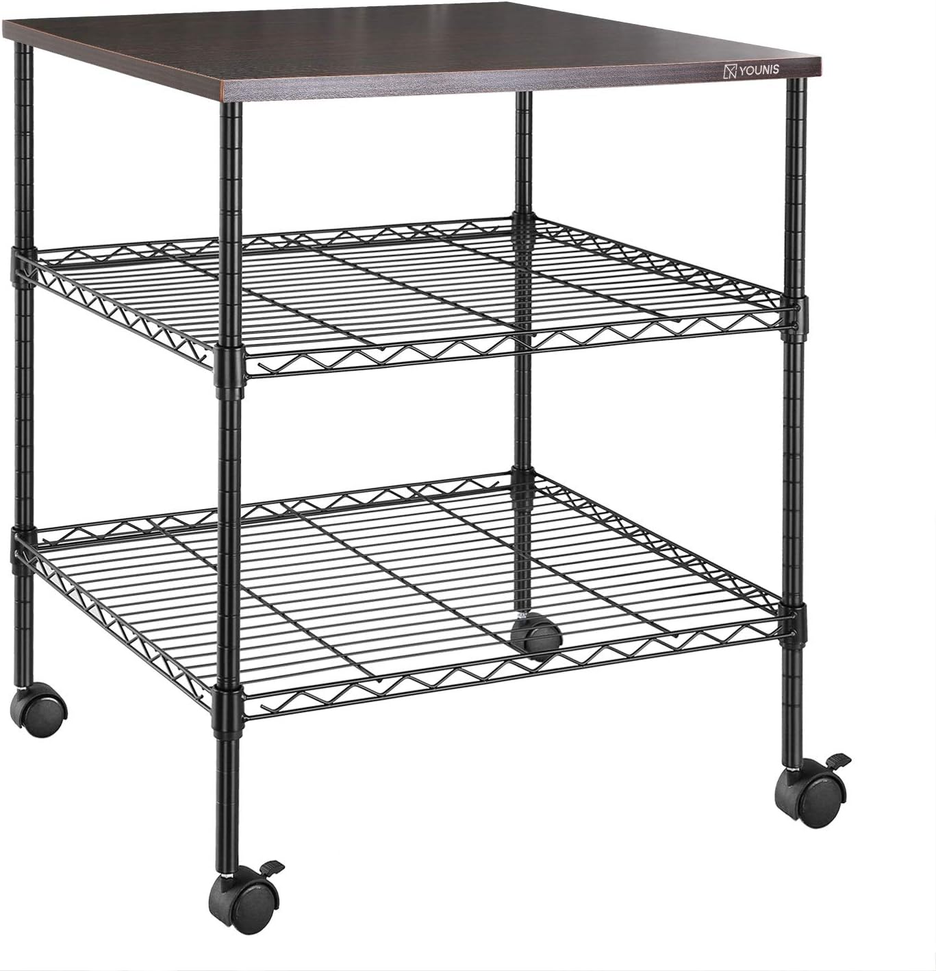 YOUNIS Removable Kitchen Cart with Wheels Storage Shelf 3-Tier Shelves Dark Walnut Particle Board and Thick Metal Frame