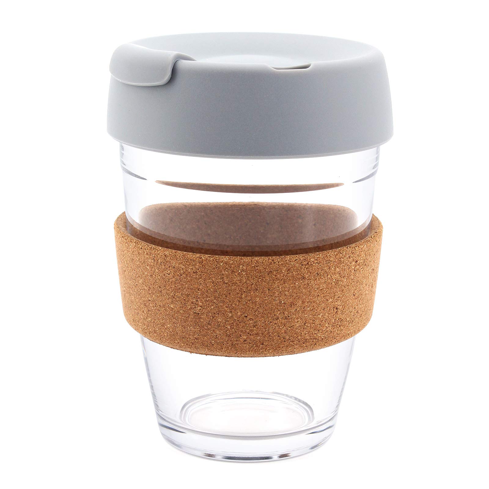 Hosoncovy 350ML Reusable Glass Coffee Cup with Cork Sleeve Heat Resistant Cork Band Travel Coffee Mug with Lid 12 OZ Coffee Cup (Grey)
