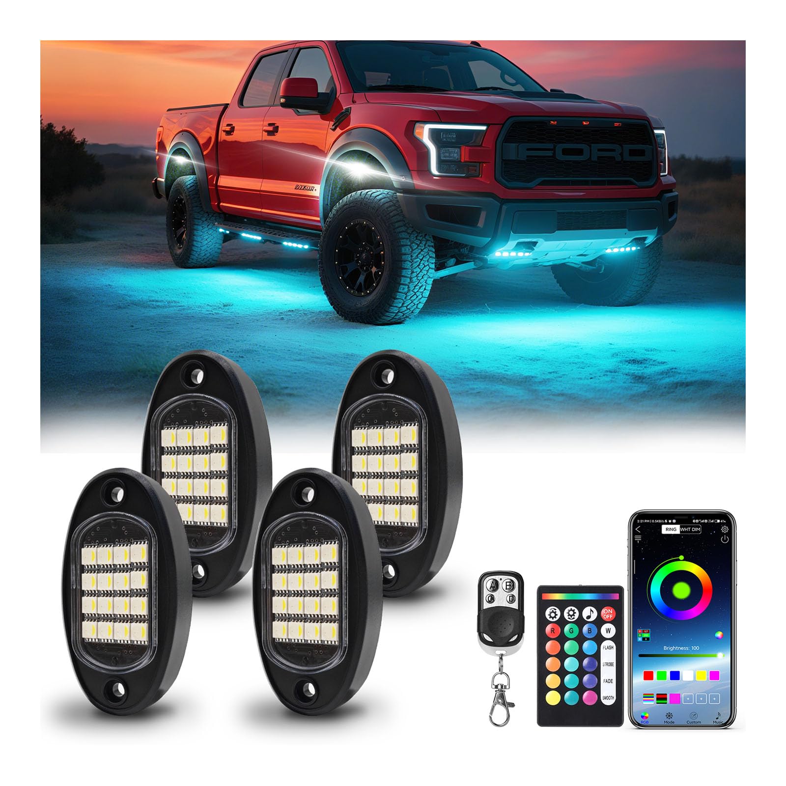 Photo 1 of 4 Pods RGBW LED Rock Lights for UTV ATV Golf Cart RZR SXS Truck Jeeps Off Road, Waterproof Multicolor Neon Underglow Kit with APP/RF Remote Control&Brake Red Function,12V Pure White Underbody Lights