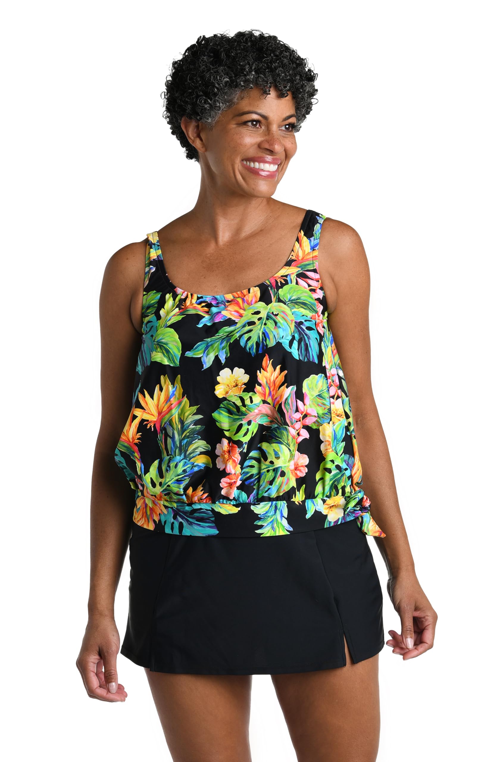 Photo 1 of Maxine of Hollywood Women's Standard Side Tie Scoop Neck Banded Tankini Swimsuit Top, Black//Oahu Oasis