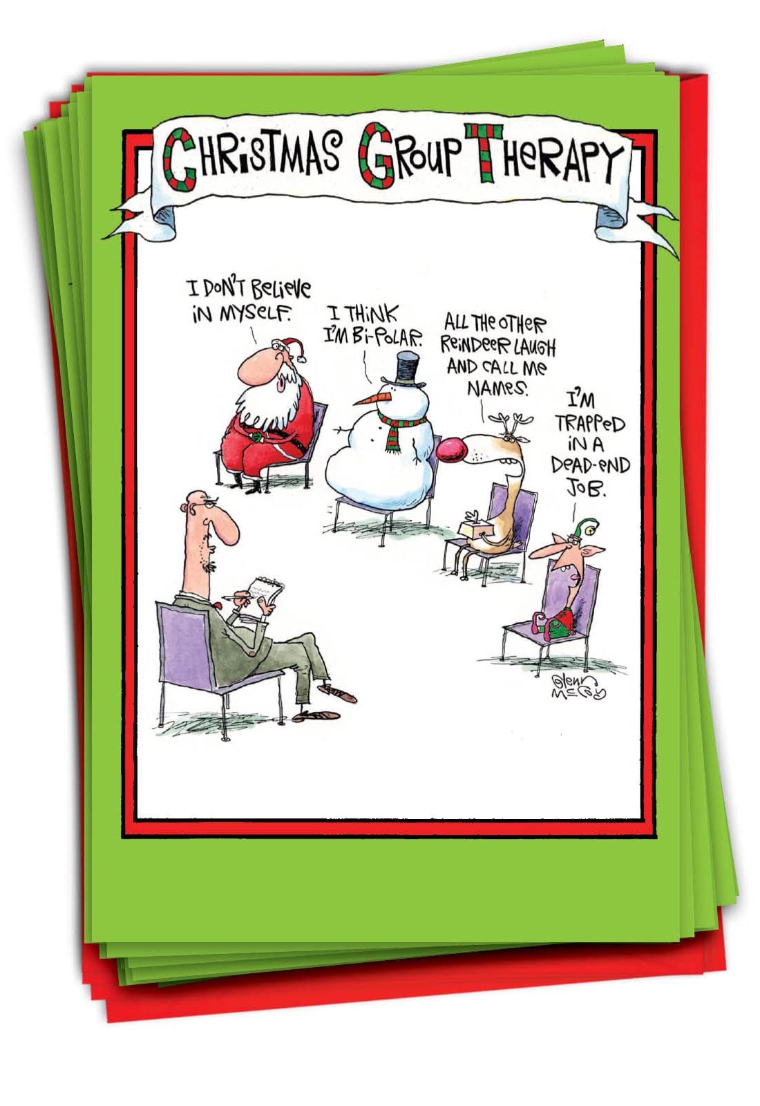 NobleWorks - 36 Funny Christmas Cards Bulk (1 Design, 36 Cards) - Boxed Holiday Greetings, Humor Notecards for Xmas - Group Therapy B5799-36