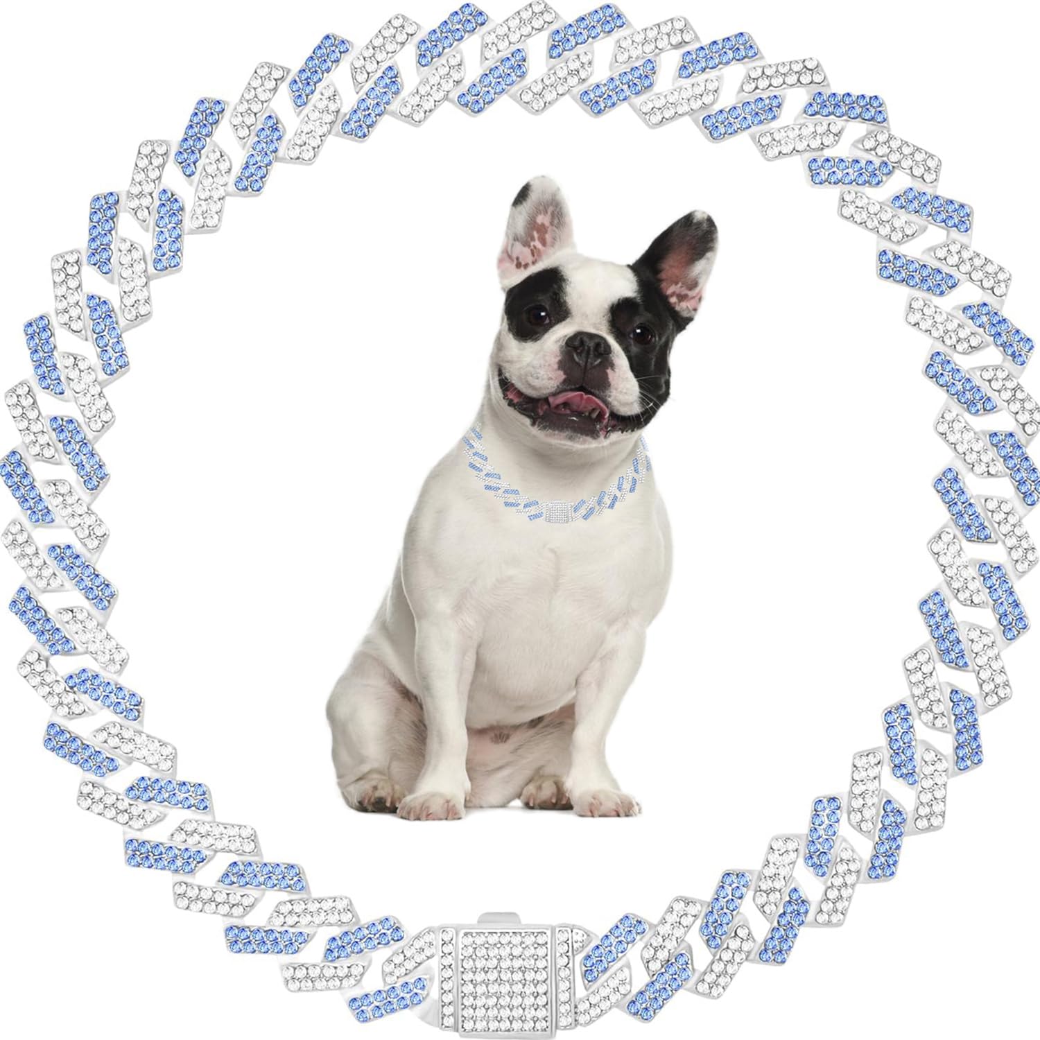 Photo 1 of Blue Diamond Dog Chain,Bling Dog Chain Collars Sparkly Cuban Link Dog Collar Rhinestone Cat Chain Glitter Girls Female Kitten Puppy Necklace for Small Medium Large Pet,16 Inch