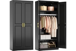 Polup Metal Armoire Wardrobe Closet with Hanging Rod, 71" Tall Wardrobe Cabinet for Clothes, Black Clothing Storage Cabinet with Doors and Shelves, Large Wardrobes for Bedroom, Office, School, Gym