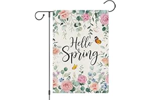 Heyfibro Hello Spring Floral Garden Flag 12x18 Double Sided Burlap, Watercolor Rose & Butterfly Yard Banner for Rustic Season