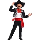 Morph Mariachi Costume, Mexican Outfit For Boys, Halloween Costumes Kids | Full Costume: Jacket and Pants, Sombrero, Tie and Accessories, Perfect for Boys Halloween Costumes or Dia De Los Muertos