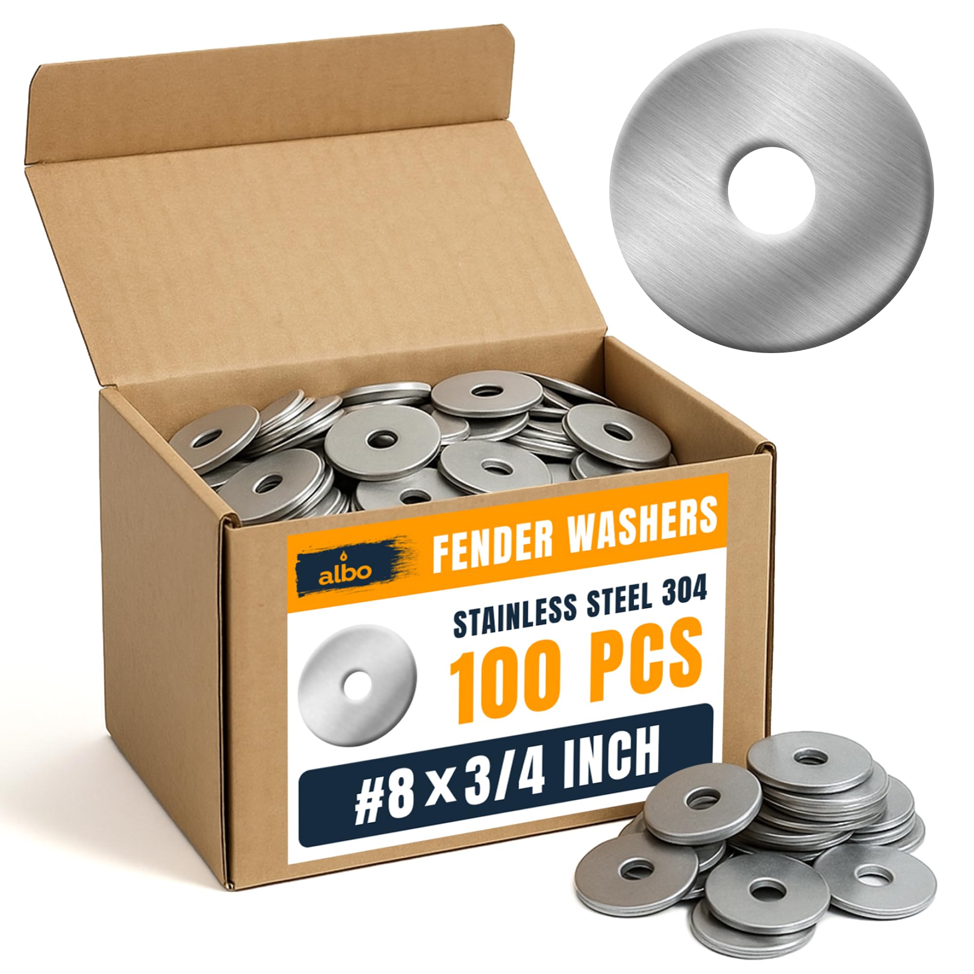 Photo 1 of 100 Pcs Stainless Steel Fender Washers #8 x 3/4 Inch Flat Washers for Screws and Bolts, 304 Stainless Steel, Heavy Duty Washer Set for Industrial and DIY Use