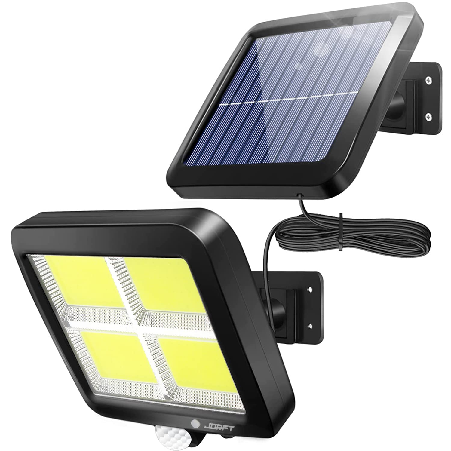 Jorft Solar Wall Lights, COB Motion Sensor Outdoor Security Lights 3 Lighting Modes Dimmable Solar Powered Waterproof Lamp with 16.5ft Cable for Outside Garden Garage Shed Walkway Use