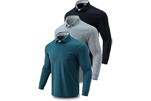 3 Pack: Dry Fit Long Sleeve Polo Shirts for Men, Athletic Collared Golf T-Shirts Performance Tops UPF 50+