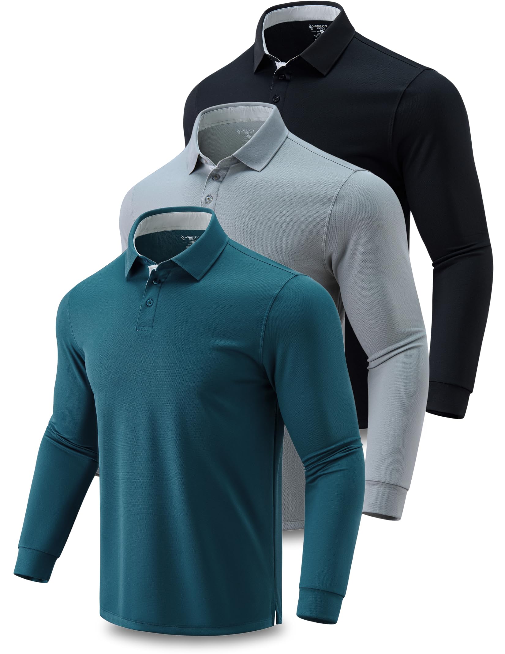 Photo 1 of 3 Pack: Dry Fit Long Sleeve Polo Shirts for Men, Athletic Collared Golf T-Shirts Performance Tops (Set 2, Large)