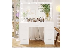 Irontar Vanity Table, Makeup Desk with Lighted Mirror, Dressing Desk with Drawers and Adjustable Brightness, 3 Color Lighting Modes, Vanity Desk for Women(White)