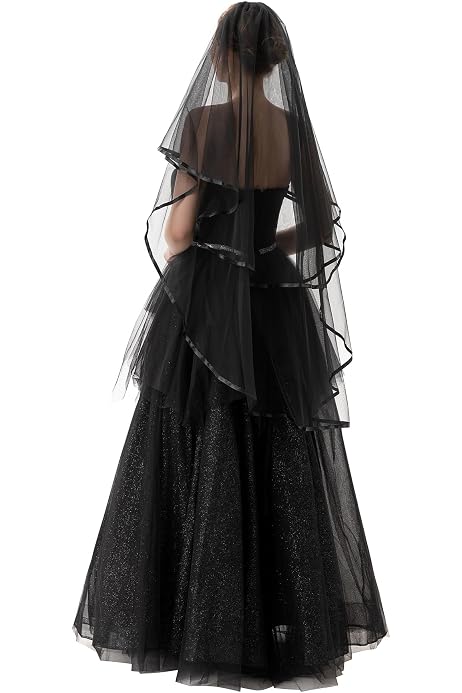 Mantilla Negra Velo De Novia Gótico Negro - 2 Capas Con Peine