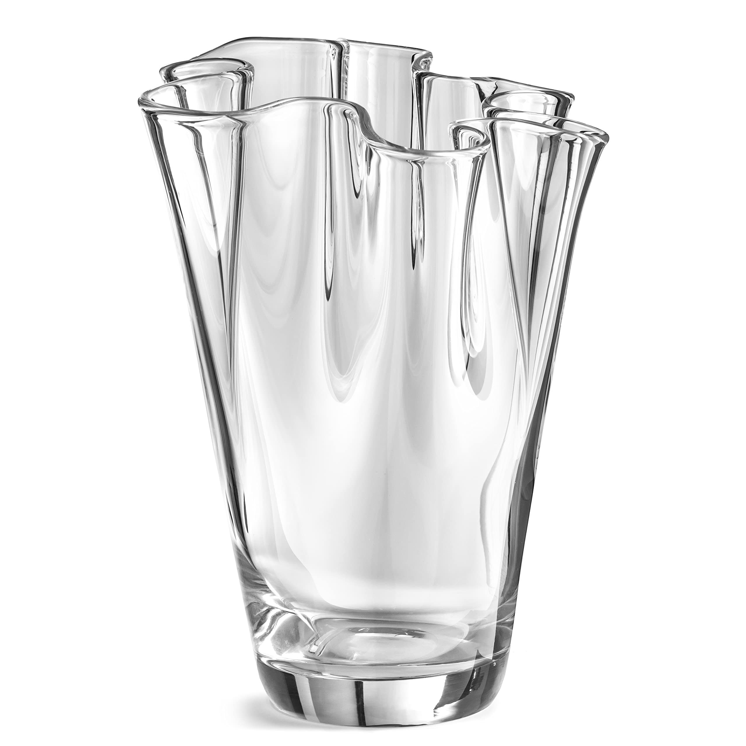 KUBUS Glass Flower Vase 23cm, Unique Design with Wavy Top, Robust & Heavy, Mouth Blown, Ideal for Tulips, Wedding, Centerpieces