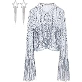 Toulite Women's Sequin Fringe Jacket Disco Theme Star Tassel Earrings Costume Accessory Silver Glitter Sequin Jacket Crystal Waterfall Fringe Earrings Y2k 90s Streetwear for Western Concert