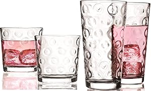 Circleware DoubleCircle Huge 16-Piece Glassware Set of Highball Tumbler Drinking Glasses and Whiskey Cups for Water, Beer, Juice, Ice Tea Beverages, 8-15.75 oz & 8-12.5 oz, Circles