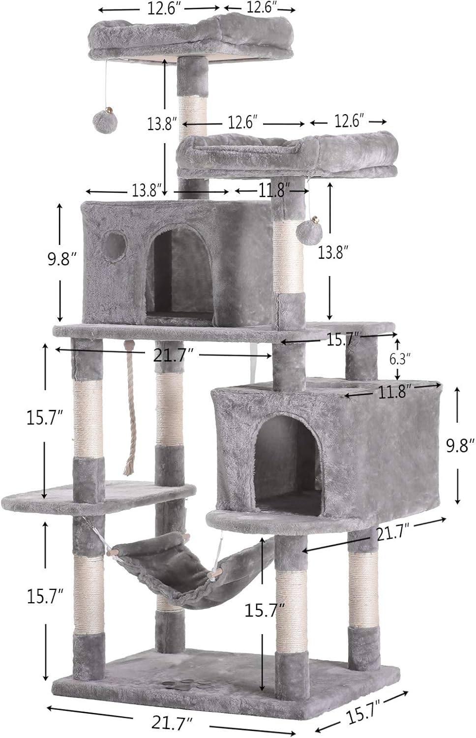 Hey-brother Large Multi-Level Cat Tree Condo Furniture with Sisal-Covered Scratching Posts, 2 Bigger Plush Condos, Perch Hammock for Kittens, Cats and Pets Light Gray MPJ020W : Pet Supplies