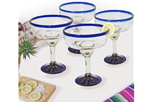Large Hand-Blown Mexican Margarita Glasses | Authentic Handcrafted Glass From Mexico | Cobalt Blue Rim | Party Set, Perfect f