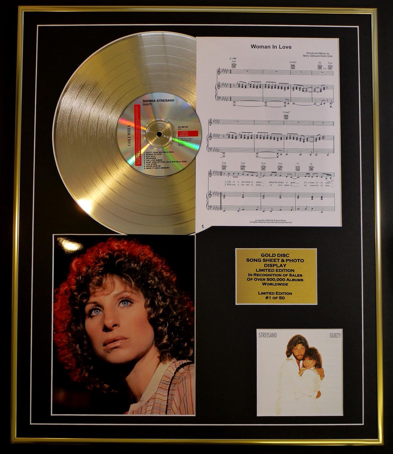 BARBRA STREISAND/CD GOLD DISC, SONG SHEET & PHOTO DISPLAY/LTD. EDITION/COA/ALBUM GUILTY/SONG SHEET, WOMEN IN LOVE