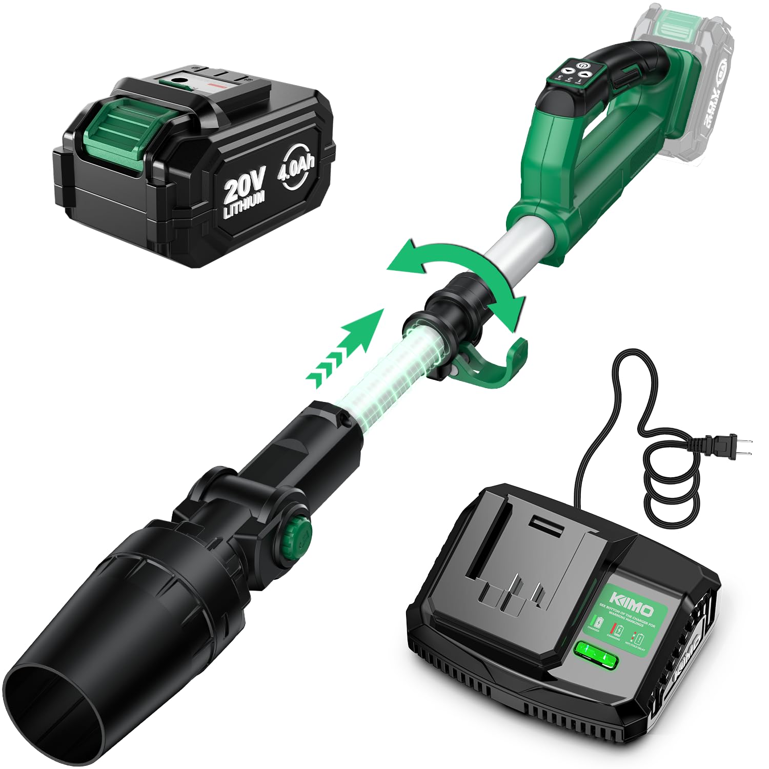 Photo 1 of KIMO Cordless Leaf Blower with Battery and Charger, 310000RPM Brushless Motor, 37 Inch Adjustable Pole, 650CFM 280MPH, All 20V Battery-Powered Tools