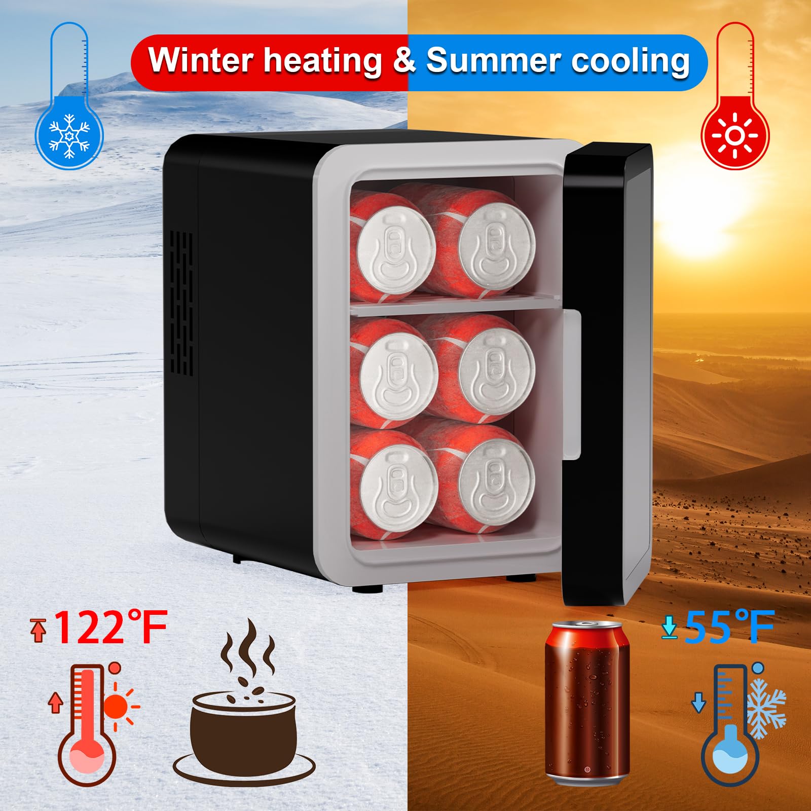 Mini Fridge, 6 Cans Small Refrigerator With LED Light, AC/DC Thermoelectric Cooler and Warmer, Ideal for Bedroom, Office, Gaming Room and Car, 12 Colors Light Effects, Mirror Screen Door