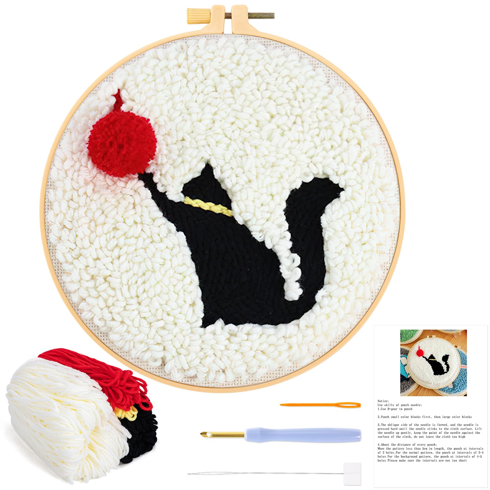 JSRQT Punch Needle Kit for Adults Beginners with Cat Pattern Punch Needle Kits Handcraft Starter DIY Embroidery Craft with Instructions Hoop for Kids