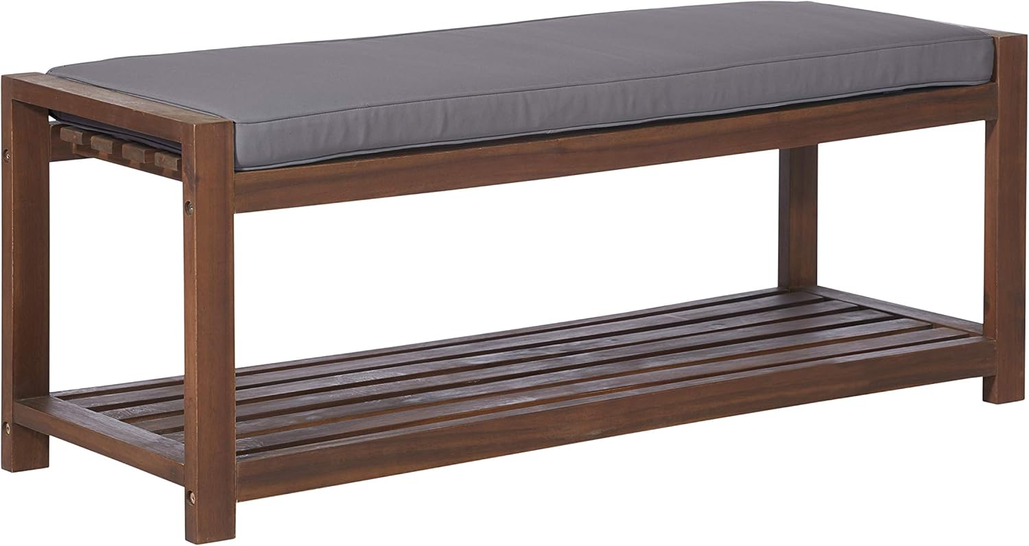 Walker Edison Willmington Solid Acacia Wood Slatted Outdoor Bench with Cushion, 48 Inch, Dark Brown and Grey : Garden & Outdoor