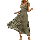 DEEP SELF Women's Summer V Neck Tie Strap Maxi Dress Halter Ruffle Hem Long Dresses Spaghetti Strap Long Flowy Dresses