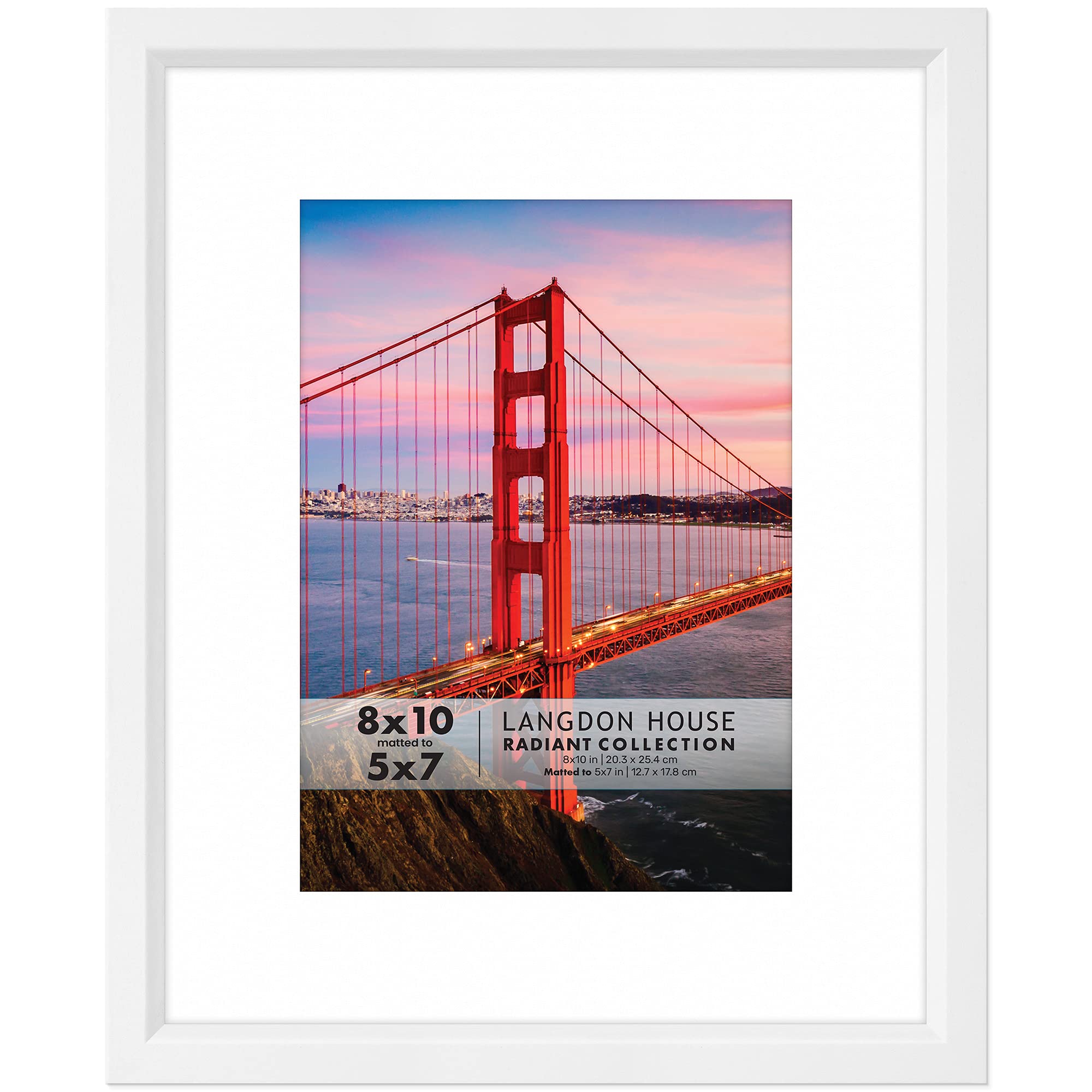 Langdon House 10x8 White Picture Frame w/Mat to 7x5, Modern w/Bevelled Accent, Tabletop Easel and Wall Hanging Hooks Included, Radiant Collection