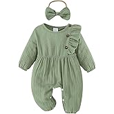 Twosya Newborn Baby Girls Smocked Romper Preemie Long Sleeve Going Home Outfit with Bow Headband