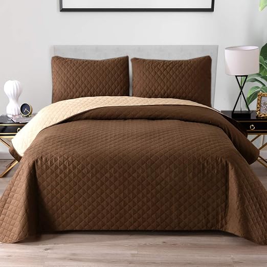 Amazon Com Exclusivo Mezcla Ultrasonic Reversible 3 Piece Full Queen Size Quilt Set With Pillow Shams Lightweight Bedspread Coverlet Bed Cover Chocolate Brown 92 X88 Home Kitchen