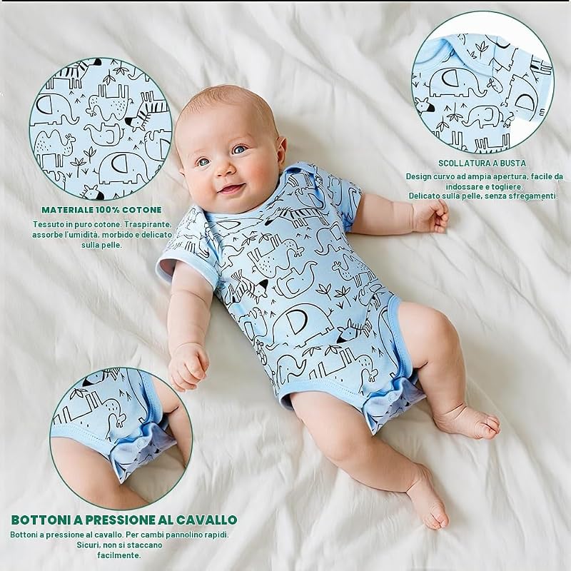 Set di 5 Body Neonato e Neonata, Body a Maniche Corte in 100% Cotone, con Comoda Apertura, Unisex 3-6 Mesi, Idee Regalo Nascita (B)