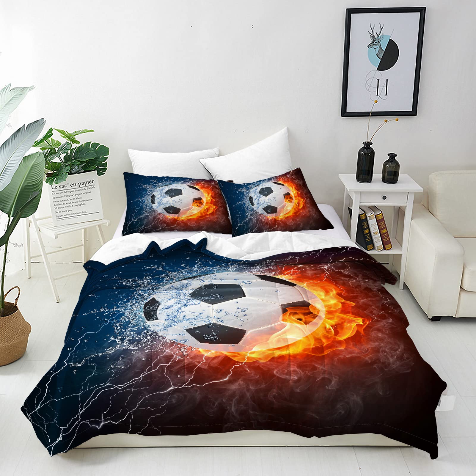 ANHOPE Football Duvet Cover Set 3 Piece Bedding Set Sports Fire Ball Soccer Print Pattern Comforter Cover with 2 Pillowcases All Season Quilt Cover with Zipper for Kids Boys Girls Single