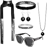 6 Pcs 70s Women Disco Accessories Disco Costume Disco Sequin Scarf Headband Diamond Bracelet Ball Necklace Earring Glasses